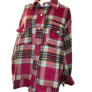 La Miel Women Plaid Shacket Burgundy Blue Oversized Button Down Shirt Jacket M